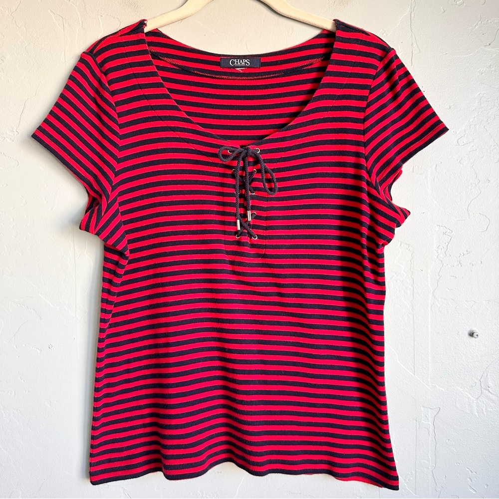 Chaps Women's Red Navy Y2K Nautical Preppy Striped Lace Up Tee Top‎ Medium EUC